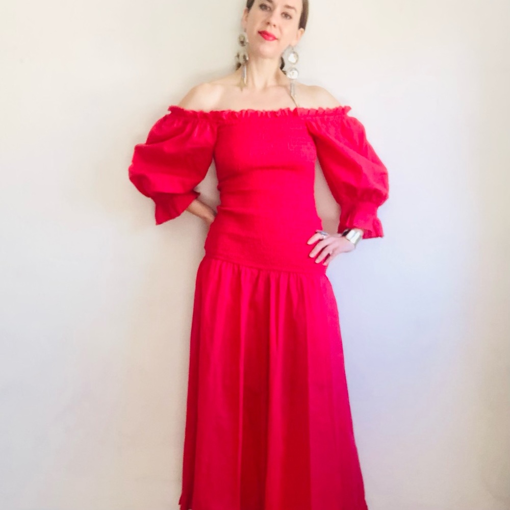 RHODE RESORT Lightweight Cotton Red Balloon Sleeve Ruffle Drop Waist Maxi Dress